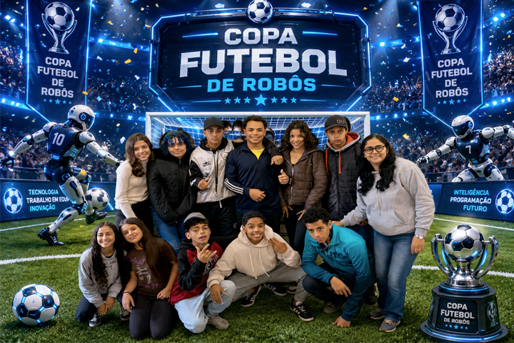 Foto da equipe da escola João Ortiz Rodrigues na Copa Futebol de Robôs CIEBP