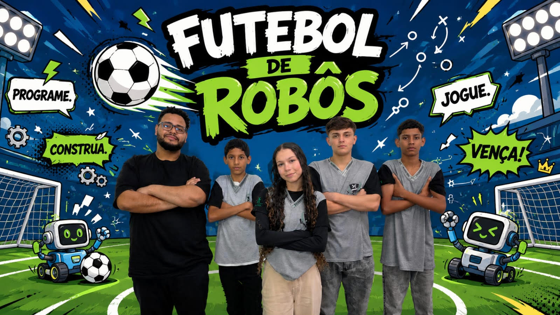 Foto da equipe da escola Joaquim Fernando Paes de Barros Neto na Copa Futebol de Robôs CIEBP