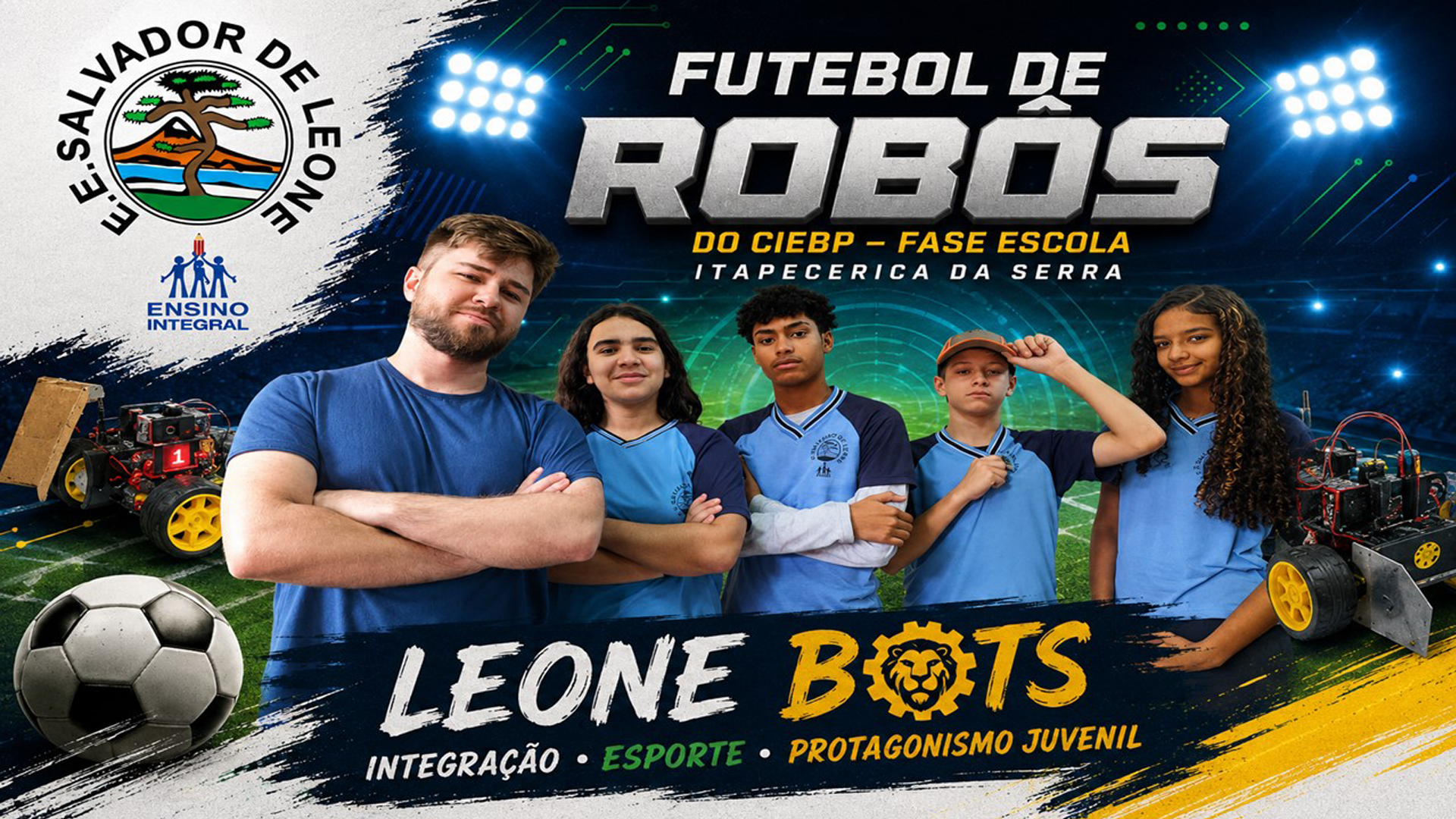 Foto da equipe da escola Paulo de Castro Ferreira Junior – Jornalista na Copa Futebol de Robôs CIEBP